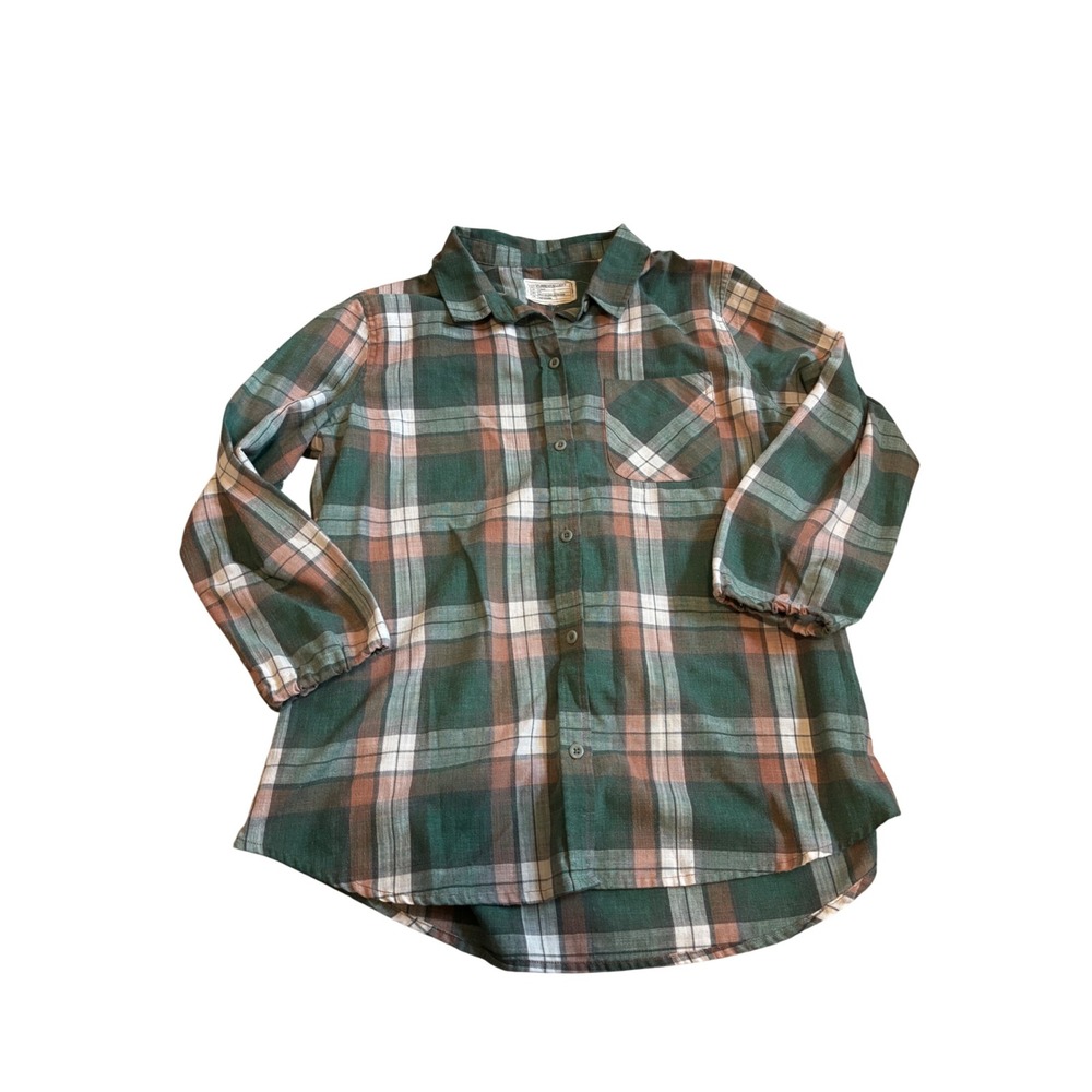 Current/Elliott Plaid Button Down Shirt M Cotton Green Brown Rustic Long Sleeve